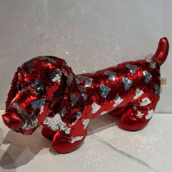 Dandee Sequin Dachshund Plush Stuffed Toys Red & Silver Heart Design Size 15"x17 - Picture 1 of 10